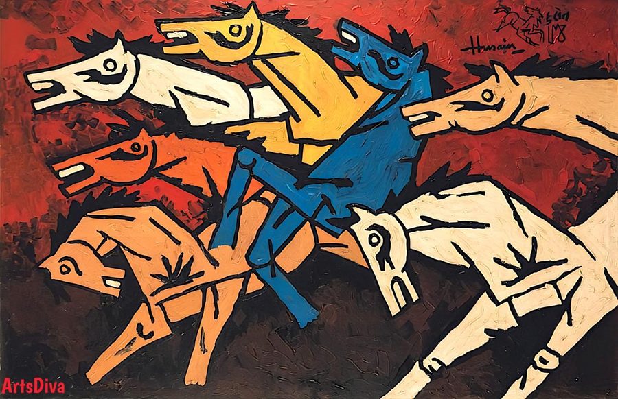M.F. Husain, Horses, signed and dated, ArtsDiva Collection