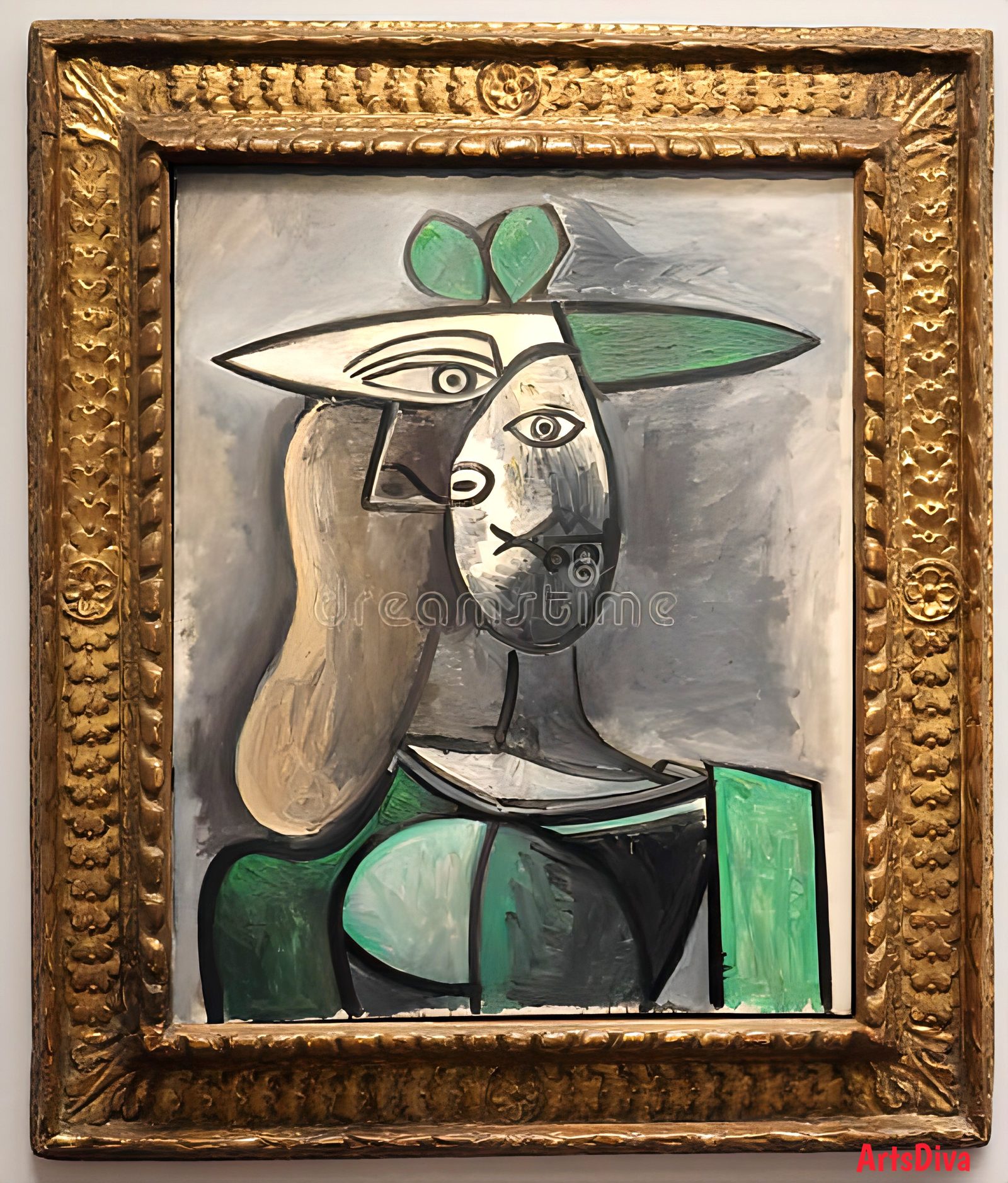 Pablo Picasso, Woman with Green Hat, Cubist Period — oil on canvas in a gilt frame